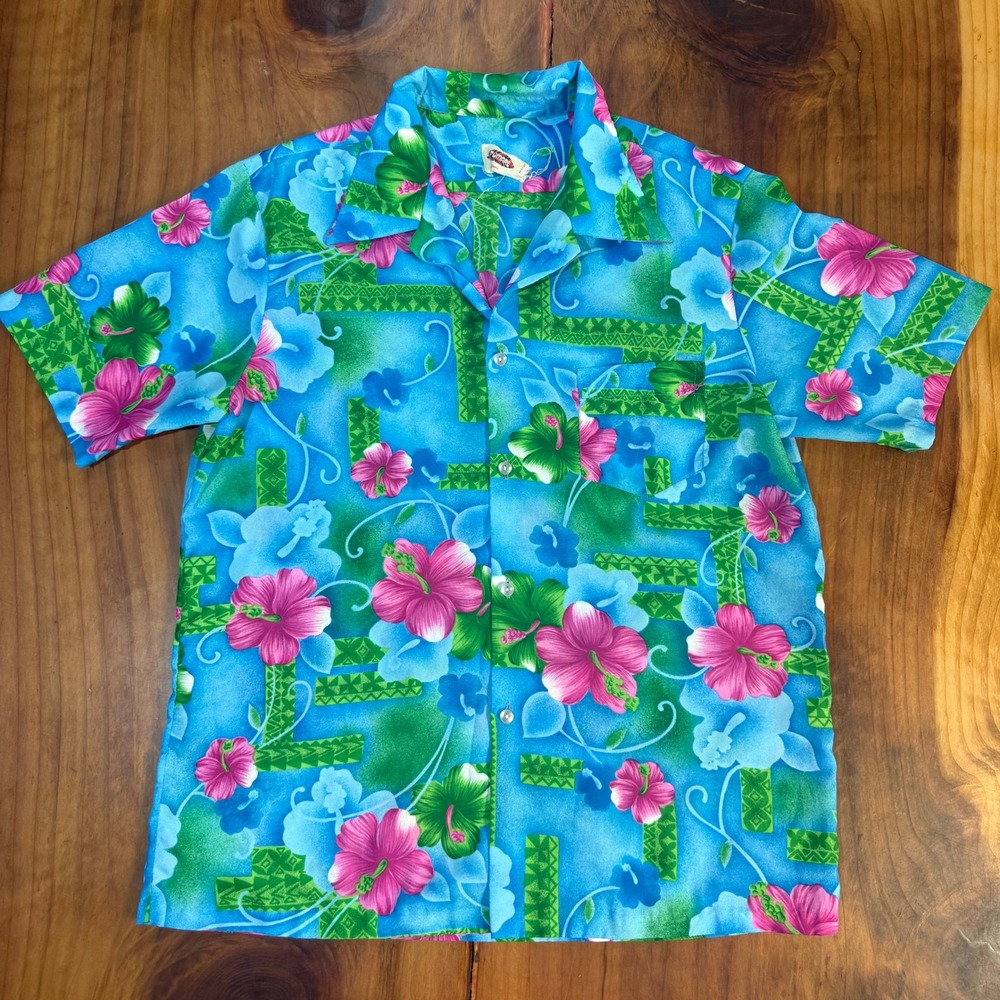 Vintage 70s Pomare Hawaiian Shirt Mens XL Polyester Floral Bright Hibiscus Z3-9